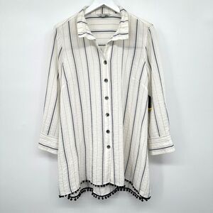 John Mark Tunic Top Shirt Blouse Size Medium 3/4 Sleeve Flowy Hi Low Pom Pom New